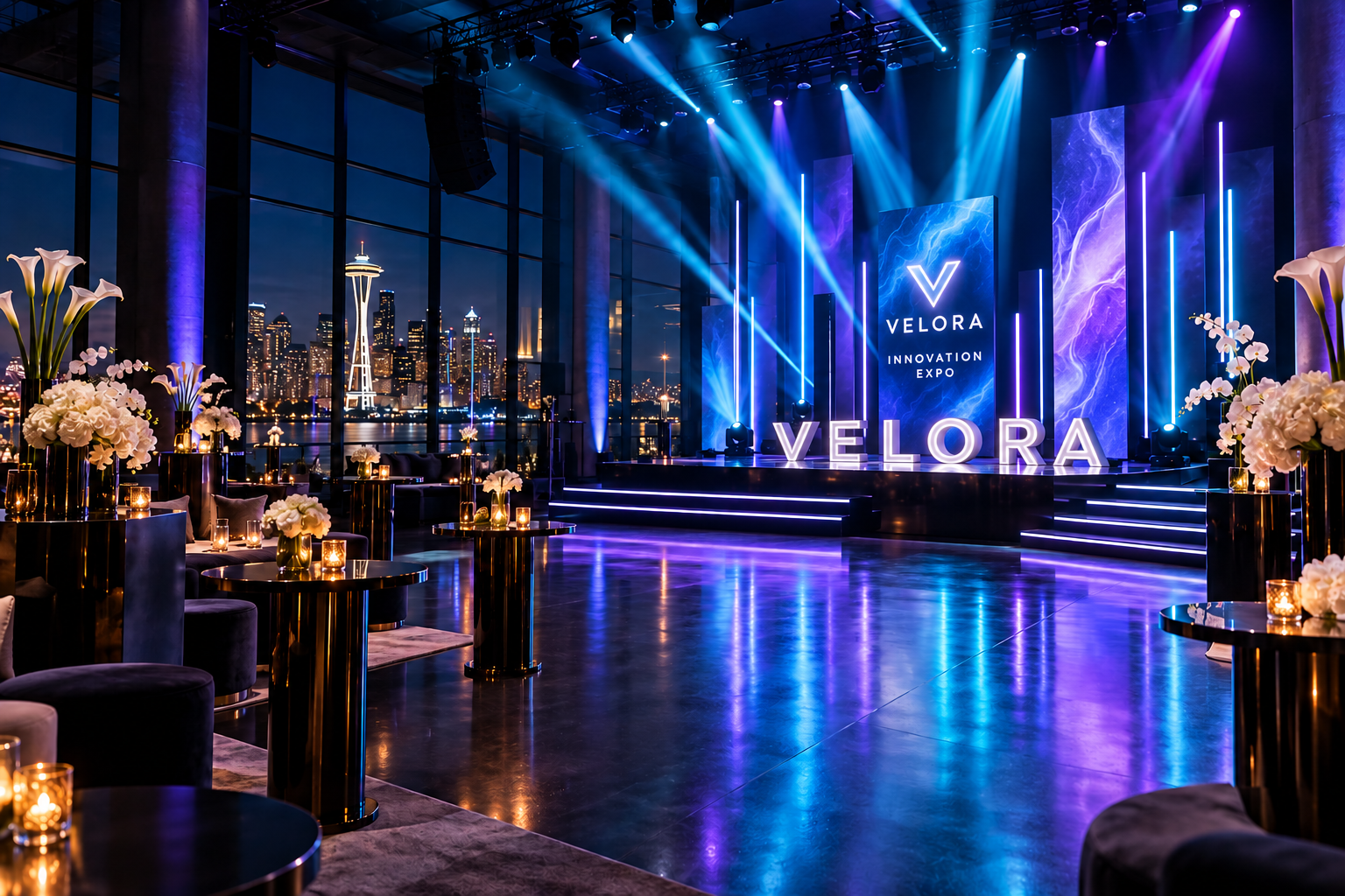 Corporate event inspiration: the fictional VELORA Innovation Expo, with branded LED screens and illuminated stage letters