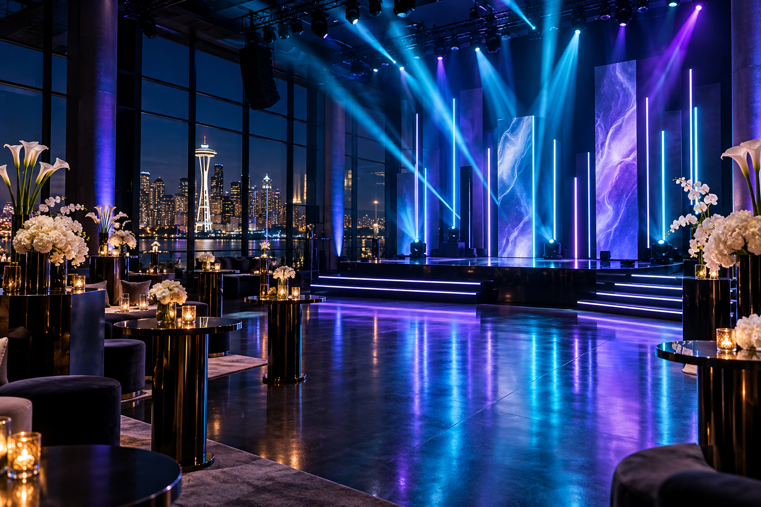 Corporate event inspiration: an elegant Seattle venue with an electric blue and violet stage and sleek cocktail tables