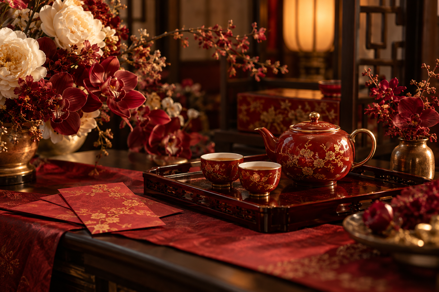 Tea ceremony inspiration: a red and gold tea set, red envelopes, and ivory and burgundy flowers