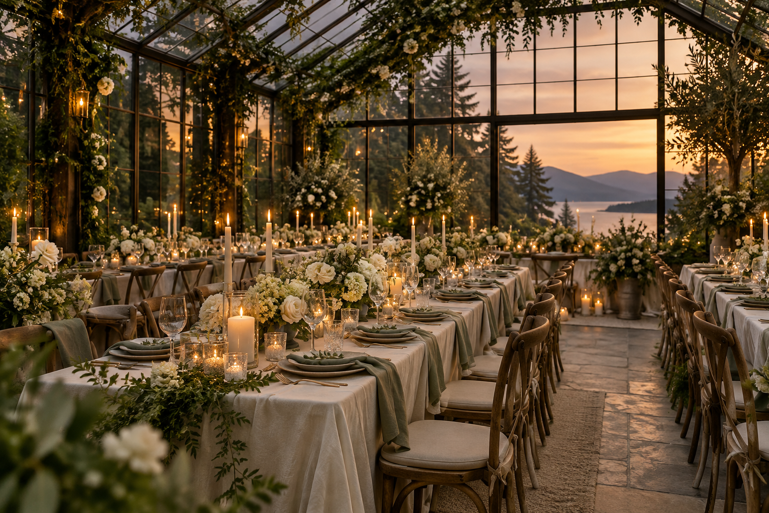 Wedding inspiration: ivory flowers and candlelit tables in a forest garden glasshouse