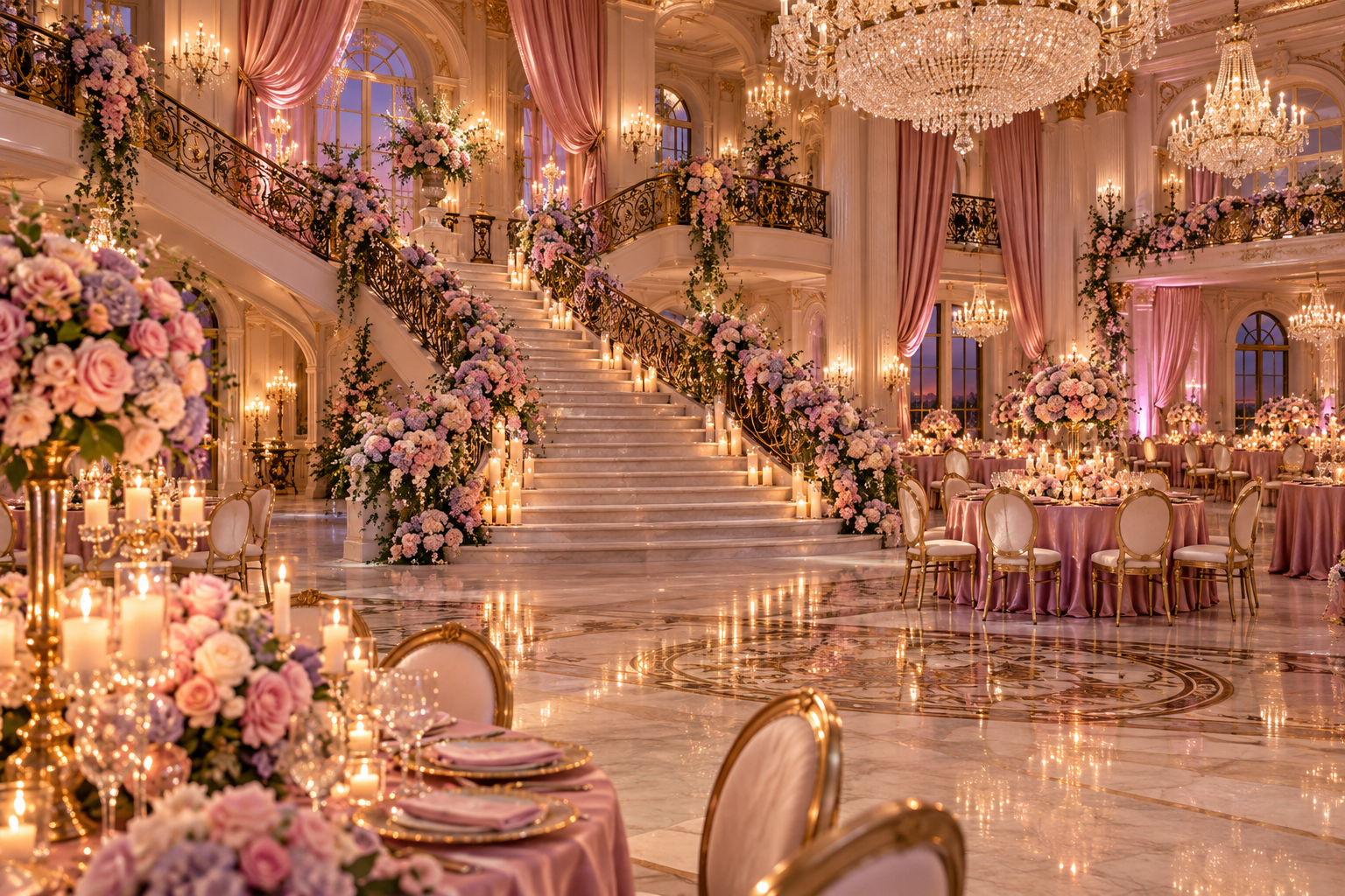 XV años inspiration: a princess-style ballroom with a grand staircase, blush flowers, and crystal chandeliers