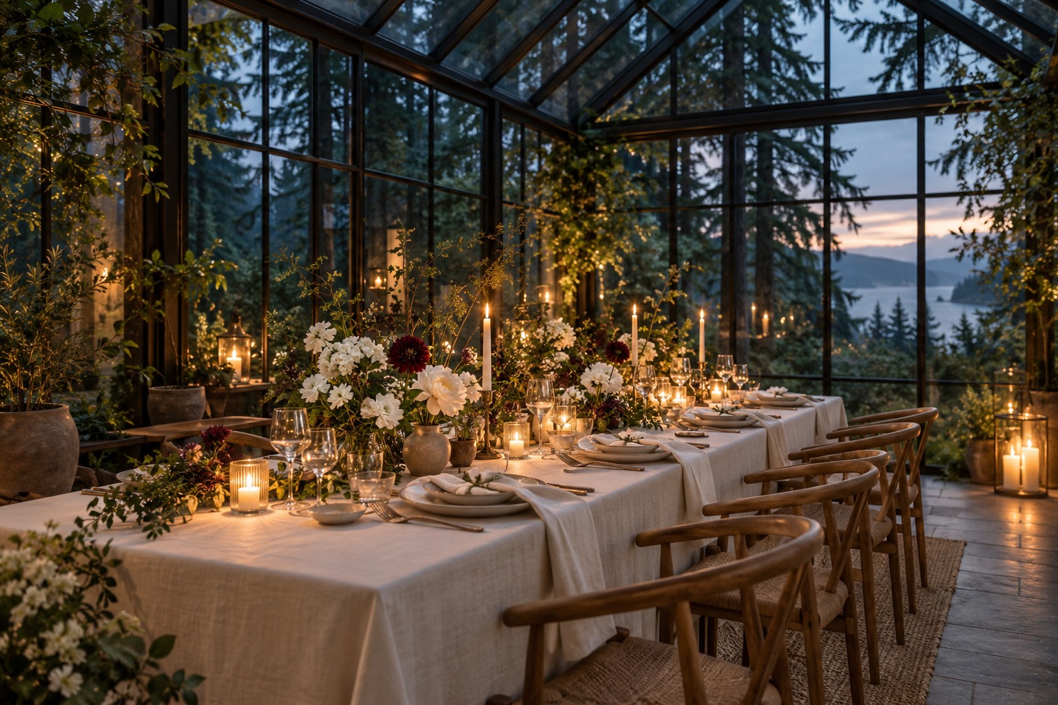 Wedding inspiration: candlelit tables and flowers in a forest glasshouse
